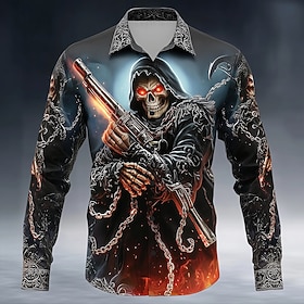 Halloween Men's Grim Reaper Hellfire Flames Shirt Button Up Shirt Long Sleeve Dark Punk Gothic Style Outdoor Holiday Summer Spring Turndown 3D Print Collared S