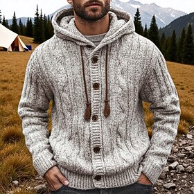 Men's Sweater Cardigan Sweater Ribbed Cable Knit Regular Tops Knitted Plain Hoo…