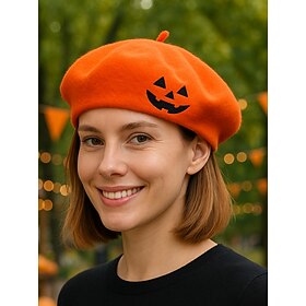 Women's Halloween Pumpkin Beret Hat – Vintage Wool Blend French Style Cap for Costume Party, Cosplay and Autumn Outfits