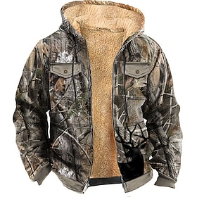 Men's Camo Camouflage Fleece Hoodie Jacket Sweatshirt Fashion Cool Daily Vintage Retro Long Sleeve Hooded Hunting Blue Green Army Green Gray Zipper Pocket Fall