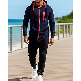 Men's 2 Piece Tracksuit Lounge Hoodie Sweatsuit Sets Drawstring Solid Colored Clothing Suit Fall Black Red Outdoor Travel Sports Moisture Wicking Long Sleeve S