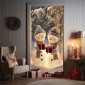 Christmas Door Cover, Cute Snowman with Winter Forest Background, Door Curtain for 2025 Xmas Holiday Party, Indoor Outdoor Festive Entrance Home Decoration