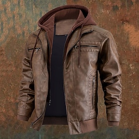 Men's Faux Leather Jacket Biker Jacket Motorcycle Jacket Vacation Daily Windproof Warm Pocket Fall Winter Plain Fashion Classic Hooded Regular Black Brown Jack