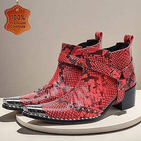 Botas masculinas de couro com estampa de cobra vermelha, bico de metal e tira com fivela – botas de cowboy estilo rock punk para motociclistas, motociclistas e