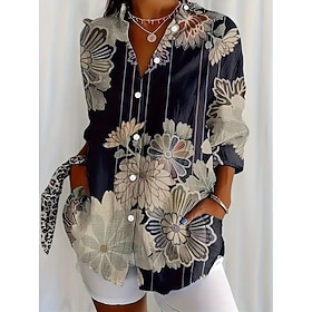 Women's Shirt Linen Like Breathable Lightweight Floral Graphic Vintage Daily Casual Long Sleeve Shirt Collar Regular Tops Daily Holiday Print Black And White B