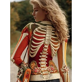 Halloween Women's Sweater Skeleton Cute Streetwear Casual Graphic Skeleton Crew Neck Patchwork Knitted Long Sleeve Regular Tops KnitOrange Fall Winter