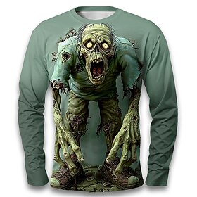 Halloween Men's Optical Illusion Zombies 3D T Shirt Long Sleeve T shirt 3D Print Crew Neck Shirt Fashion Exaggerated Street Casual Daily Green Summer Spring Fa