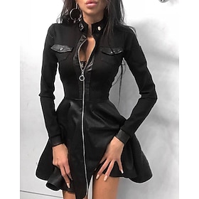 Women's Mini Dress Black Dress Leather Dress Fashion Modern Outdoor Holiday Going out Regular Fit Plain Long Sleeve Stand Collar Black Fall Winter