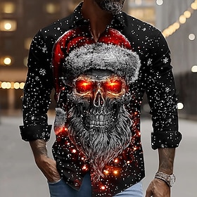 Halloween Men's Skull Christmas Hats Shirt Button Up Shirt Long Sleeve Dark Punk Gothic Style Outdoor Holiday Spring Fall Turndown 3D Print Collared Shirts Bla