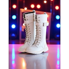Korean Idol Inspired Pop Star Costume Shoes Girls' White Lace-Up Knee High Boots with Chunky Sole Fashion Performance Footwear for Dance and Stage Outfits