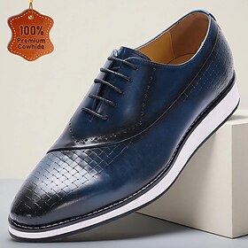 Men's Blue Lace-Up Dress Shoes – Genuine Leather Business Oxfords with Textured Detailing, Elegant Footwear for Office, Parties and Special Occasions