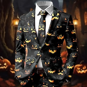 Halloween Men's Pumpkin Bat Blazer Jacket Coat Comfortable Breathable Artistic Casual Party Daily Festival 3D Print Buttons Multi Pocket Fall  Winter Notch Lon