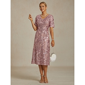 Women's Midi Dress Shift Dress Elegant Sequins Embroidered Glitter Sparkly Party Wedding Party Regular Fit Floral Short Sleeve V Neck Blush Pink Spring Fall Wi