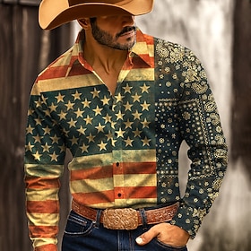 Men's American US Flag Patriotic Shirt Western Shirt Cowboy Shirt Long Sleeve Vintage Retro Outdoor WorkWear Hunting Spring Fall Turndown 3D Print Button Up Sh
