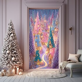 Christmas Door Cover, Colorful Winter Wonderland Scene with Glittering Trees, 2025 Xmas Festive Lights and Holiday Door Curtain Backdrop for Xmas Party Indoor