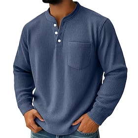 Men's Corduroy Shirt Henley Shirt Tee Long Sleeve Solid Color Plain Textured Fashion Designer Casual Pocket Buttons Warm Henley Casual Daily Outdoor Summer Fal