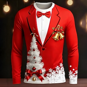 Christmas Men's Tuxedo Costume T Shirt Long Sleeve T shirt 3D Print Crew Neck Shirt Fashion Basic 3D Street Casual Daily Red Red 2 Summer Spring Clothing Appar