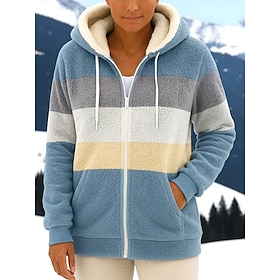 Women's Fleece Jacket Sherpa Jacket Hoodie Jacket Comfortable Breathable Zipper Pocket Casual Stripes Casual Vacation Street Daily Wear Zipper Regular Hooded R