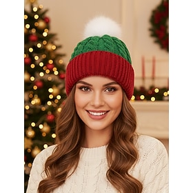 Women's Christmas Cable Knit Beanie Hat with Pom Pom, Festive Green and Red, Perfect for Holiday Season