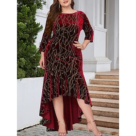 Women's Plus Size Velvet Dress Graphic Crew Neck Long Sleeve Spring Fall Elegant Fashion Modern Maxi long Dress Formal Christmas Dress