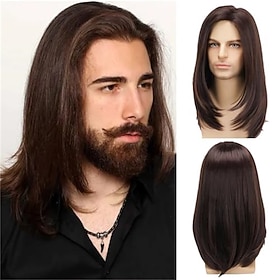 Long Brown Wig for Mens Straight Hair Synthetic Heat Resistant Men Wigs for Daily Party Costume