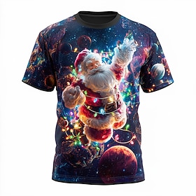 Christmas Space Santa 3D T Shirt for Men, Funny Holiday Print with Lights, Xmas Party Outfit for Ugly Sweater Day Celebration Night