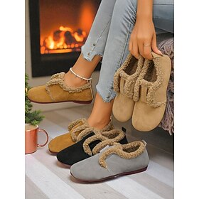 Women's Wide Width Fleece Lined Slip-On Shoes, Cozy Warm Shoes with Elastic Band, Winter Indoor Footwear for Fall Winter Casual Wear