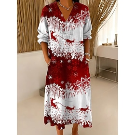 Christmas Women's Reindeer Snowflake Midi Dress Shift Dress Vacation Casual Going out Regular Fit Graphic Long Sleeve V Neck White Wine Red Green Fall Winter