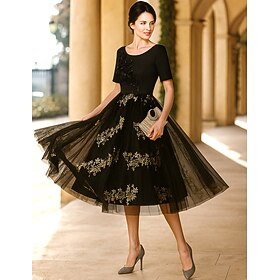 A-Line Tea Length Party Dress Cocktail Dress Wedding Guest Dress Mother of the Bride Dress Short Sleeve Crew Neck Scoop Neck Elegant Luxurious Formal with Appl