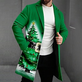 Christmas Men's Christmas Tree 3D Print Overcoat Coat Casual Daily Holiday Festival 2 in 1 Buttons Front Pocket Spring Fall Winter Notch Long Sleeve Red Blue P