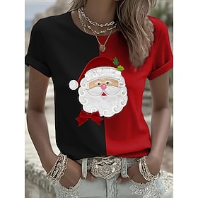 Christmas Women's T Shirt Graphic Claus Vintage Stylish Modern Short Sleeve Round Neck Regular Tops Daily Print Black Red Green Fall Winter