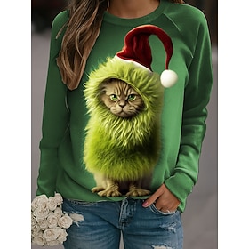 Christmas Women's Animals Cat Sweatshirts Graphic Cat Casual Long Sleeve Crew Neck Regular Tops Casual Holiday Print Blue Purple Green Gray Fall Winter