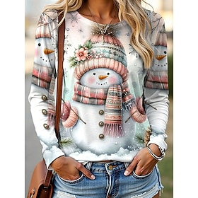 Christmas Women's Snowman Snowflake T Shirt Graphic Vintage Fashion Stylish Long Sleeve Crew Neck Regular Tops Daily Weekend Print White Pink Fall Winter