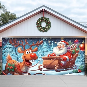 Christmas Garage Door Cover with Santa Claus and Reindeer, Funny Holiday Garage Banner Outdoor Xmas Decoration for Home Driveway Front Yard Decor