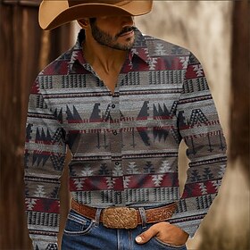 Men's Geometric Pattern Ethnic Indian Culture Shirt Western Shirt Cowboy Shirt Long Sleeve Vintage Retro Outdoor Casual WorkWear Spring Fall Turndown 3D Print