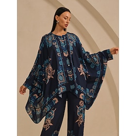 Damenbluse Chiffon Ethno Blumenmuster Hawaii-Print Oversize Rundhals lässig Urlaub Frühling Sommer Herbst: retailer-supplied image