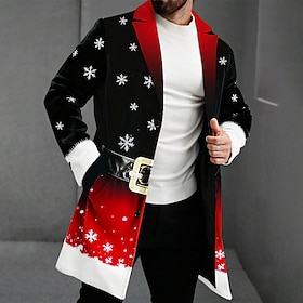 Christmas Men's 3D Print Snowflake Overcoat Coat Thermal Warm Casual Daily Holiday Festival 2 in 1 Buttons Front Pocket Spring Fall Winter Notch Long Sleeve Bl