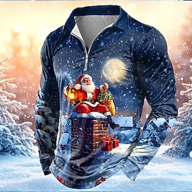 Christmas Men's Santa Claus Zip Polo Shirts Long Sleeve Polo Shirts Lapel Casual Outdoor Festival Outfit 3D Print Spring Fall Winter Blue 1 Blue 3# Blue 2#