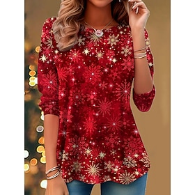 Christmas Women's Snowflake Tunic Graphic Vintage Stylish Classic Long Sleeve Crew Neck Regular Tops Daily Print Pink Red Blue Green Fall Winter