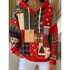 Christmas Women's Christmas Tree SnowflakeHoodies Fashion Streetwear Casual Long Sleeve Hooded Regular Tops Dailywear Casual Drawstring Patchwork Print Red Fal
