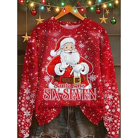 Christmas Women's Santa Claus SnowflakeSweatshirts Graphic Warm Classic Casual Long Sleeve Round Neck Regular Tops Street Casual Holiday Print Wine Red Brown K