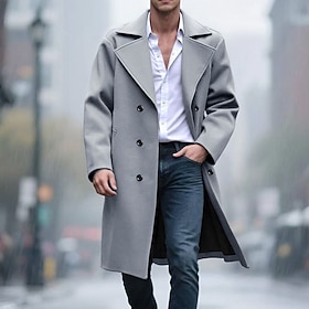 Men's Overcoat Trench Coat Long Trench Coat Vacation Daily Fall Winter Polyester Windproof Warm Outerwear Clothing Apparel Fashion Classic Plain Pocket Lapel D