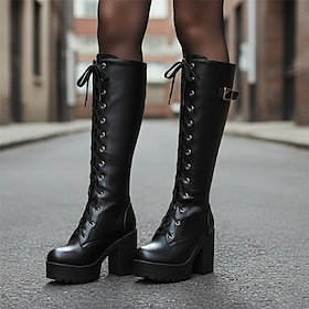 Women's Black Platform Lace-Up Knee-High Boots with Chunky Heels and Buckle Detail – Gothic or Punk Style for Fall and Winter