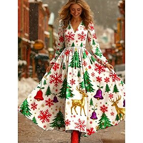Christmas Women's Midi Dress A Line Dress Vacation Casual Party Holiday Regular Fit Graphic Snowflake Long Sleeve V Neck Royal Blue Sky Blue Beige Fall Winter