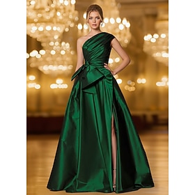A-Line Floor Length Evening Gown Ball Gown Formal Dress Elegant Glittering Silky Sleeveless One Shoulder Wedding Formal Pocket Stretch Satin with Bow(s) Ruched