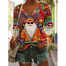 Christmas Women's Santa Claus T Shirt Graphic Claus Vintage Stylish Classic Long Sleeve V Neck Regular Tops Daily Print Red Spring Fall Winter