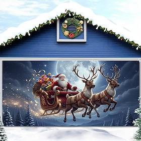 Christmas Garage Door Cover Santa Claus with Reindeer under Moonlight Large Hanging Backdrop Outdoor Holiday Wall Banner Yard Home Festive Seasonal Christmas P