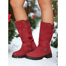 Botas de media pantorrilla de ante sintético rojo para mujer con hebillas ajustables y suela antideslizante, botas de punto informales y cómodas para Navidad.