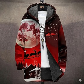 Christmas Men's Graphic Winter Coat Fleece Jacket Coat Thermal Warm Comfortable Casual Daily Wear Zipper Pocket 3D Print Fall Winter Hooded Long Sleeve Red Blu
