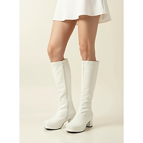 Women's White Patent Knee-High Platform Boots with Side Zipper - Vintage 70s Disco Style Chunky Heel Boots for Cosplay, Retro Fashion, and Events